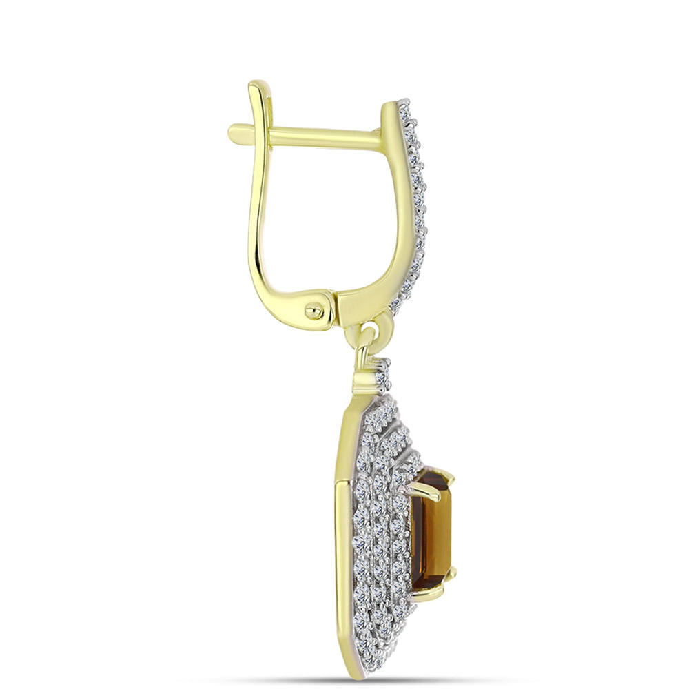 Pozlacené Stříbro 925/1000 - Náušnice s Koňakovým Křemenem a Bílým Topazem - Karátové číslo: 3.85. přibližná hmotnost: 8.73 gramů