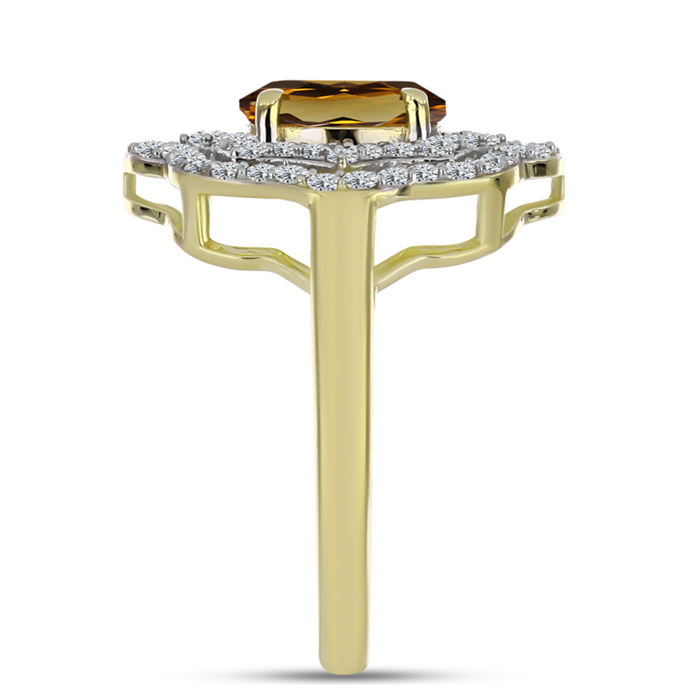 Pozlacené Stříbro 925/1000 - Prsten s Koňakovým Křemenem a Bílým Topazem - Karátové číslo: 1.58. přibližná hmotnost: 3.39 gramů