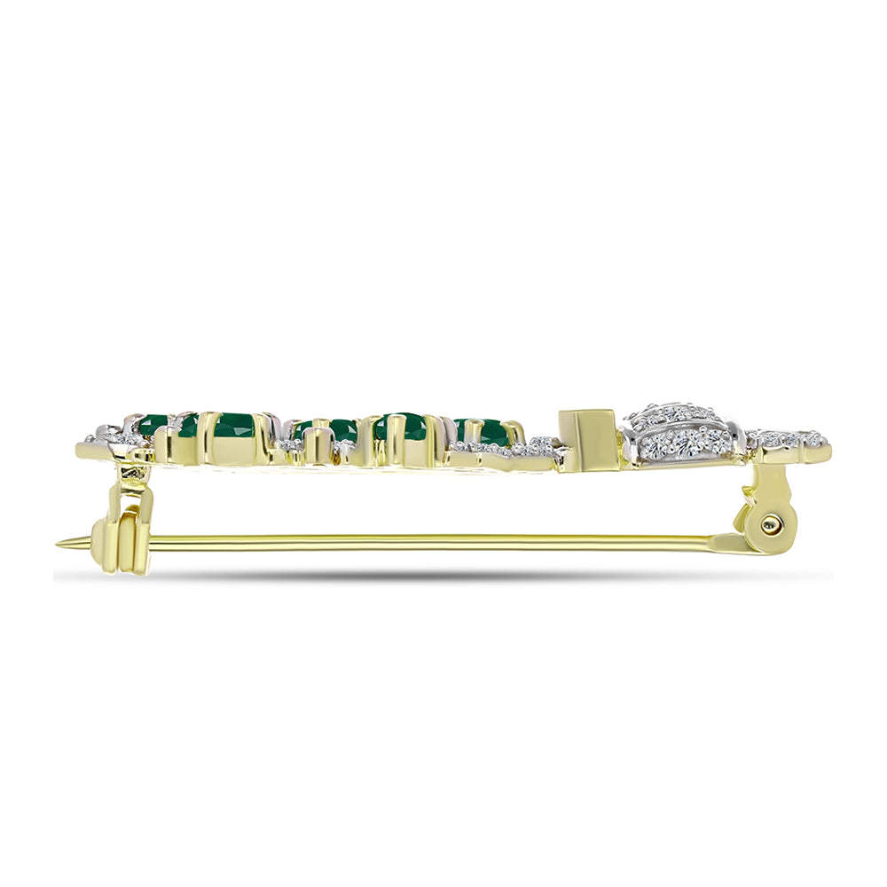 Pozlacené Stříbro 925/1000 - Brož se Zeleným Achátem a Bílým Zirkonem - Karátové číslo: 1.76. přibližná hmotnost: 4.08 gramů