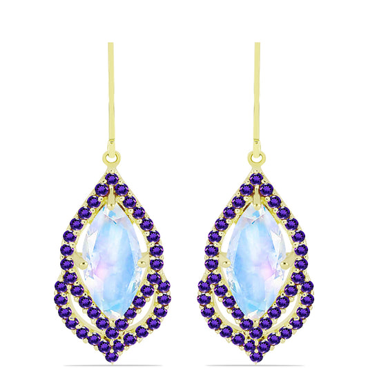 Pozlacené Stříbro 925/1000 - Náušnice s Duhovým Měsíčním Kamenem a Marockým Ametystem - Karátové číslo: 6.32. přibližná hmotnost: 4.82 gramů