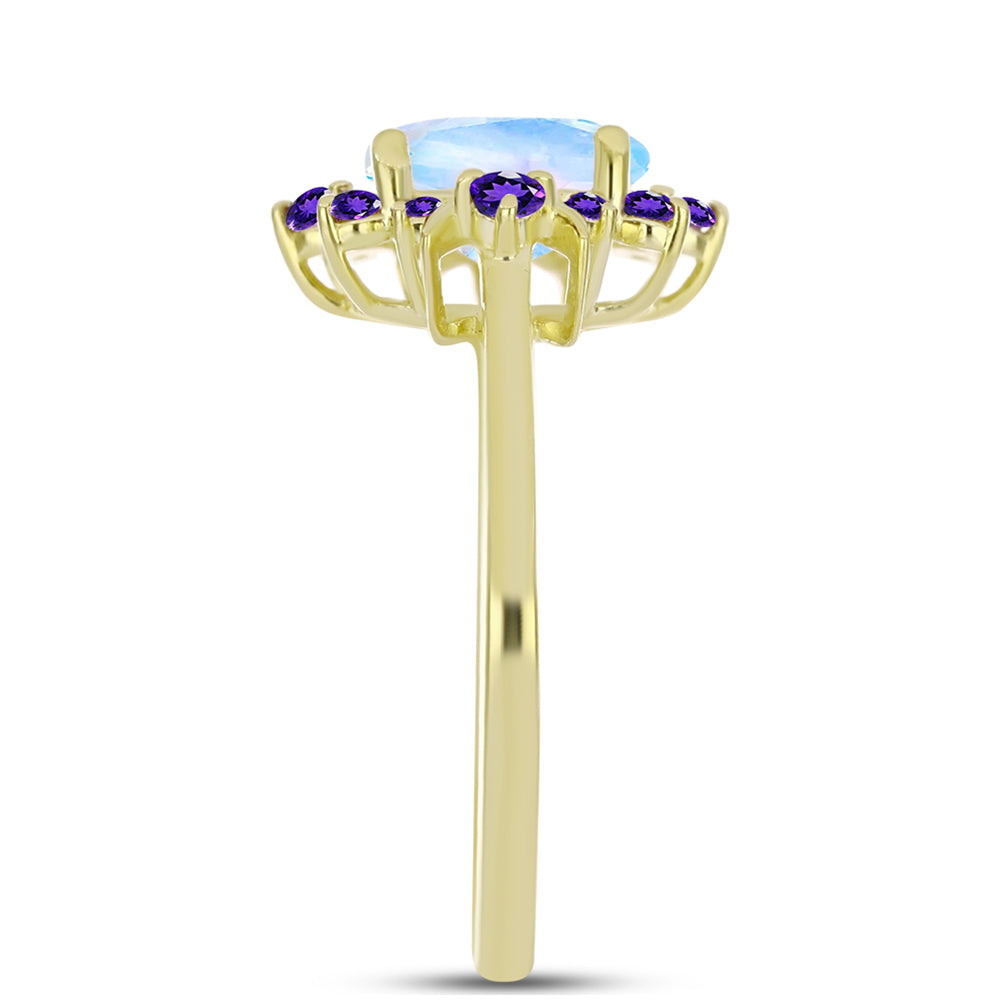 Pozlacené Stříbro 925/1000 - Prsten s Duhovým Měsíčním Kamenem a Marockým Ametystem - Karátové číslo: 1.98. přibližná hmotnost: 3.17 gramů