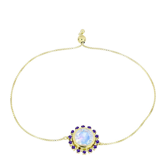 Pozlacené Stříbro 925/1000 - Náramek s Duhovým Měsíčním Kamenem a Marockým Ametystem - Karátové číslo: 5.02. přibližná hmotnost: 6.52 gramů