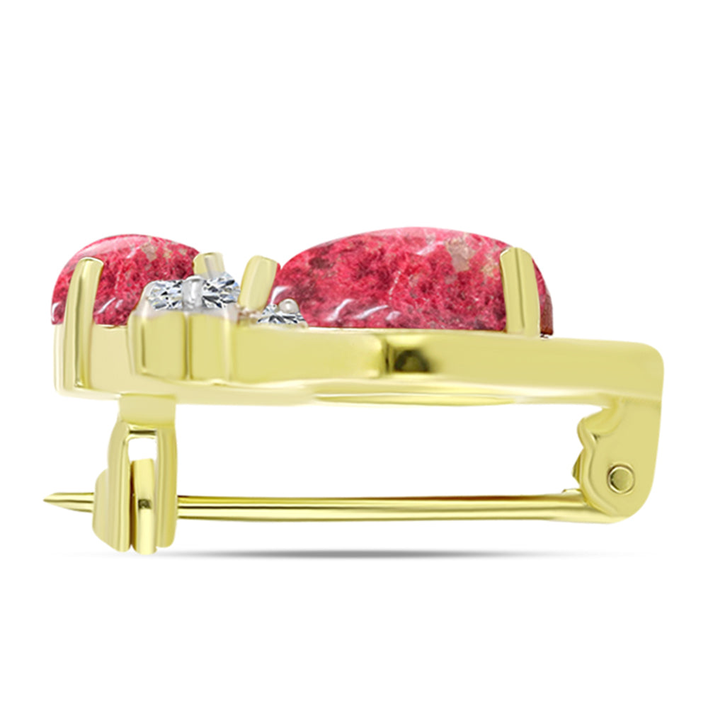 Pozlacené Stříbro 925/1000 - Brož s Thulitem a Bílým Topazem - Karátové číslo: 3.5. přibližná hmotnost: 4 gramů