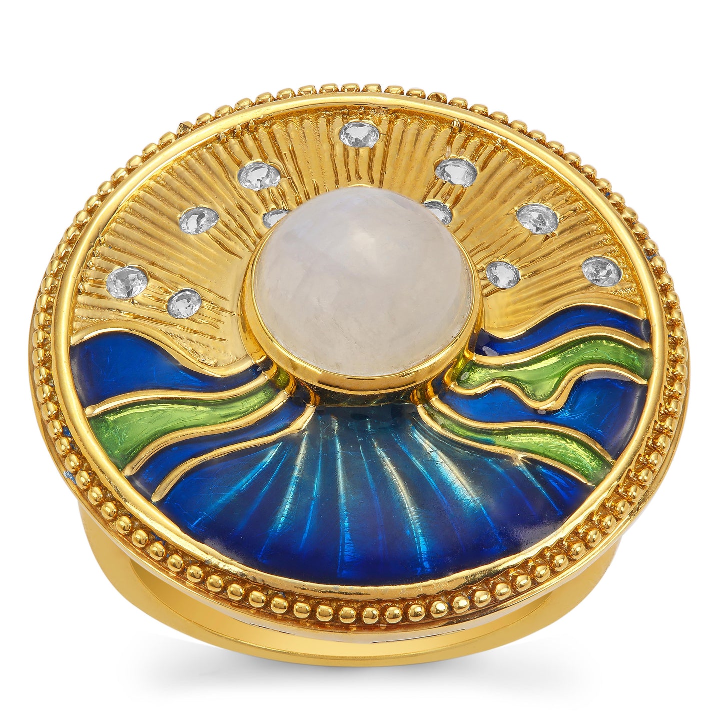 Pozlacené Stříbro 925/1000 - Prsten s Duhovým Měsíčním Kamenem a Bílým Topazem - Karátové číslo: 2.6. přibližná hmotnost: 7.16 gramů