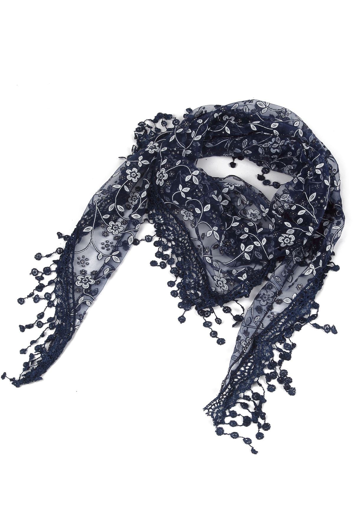 Trojúhelníková Šála-šátek s Třpytivým květinovým vzorem, 45 cm x 45 cm x 170 cm, Tmavě modrá | -80% Akce na Šperky