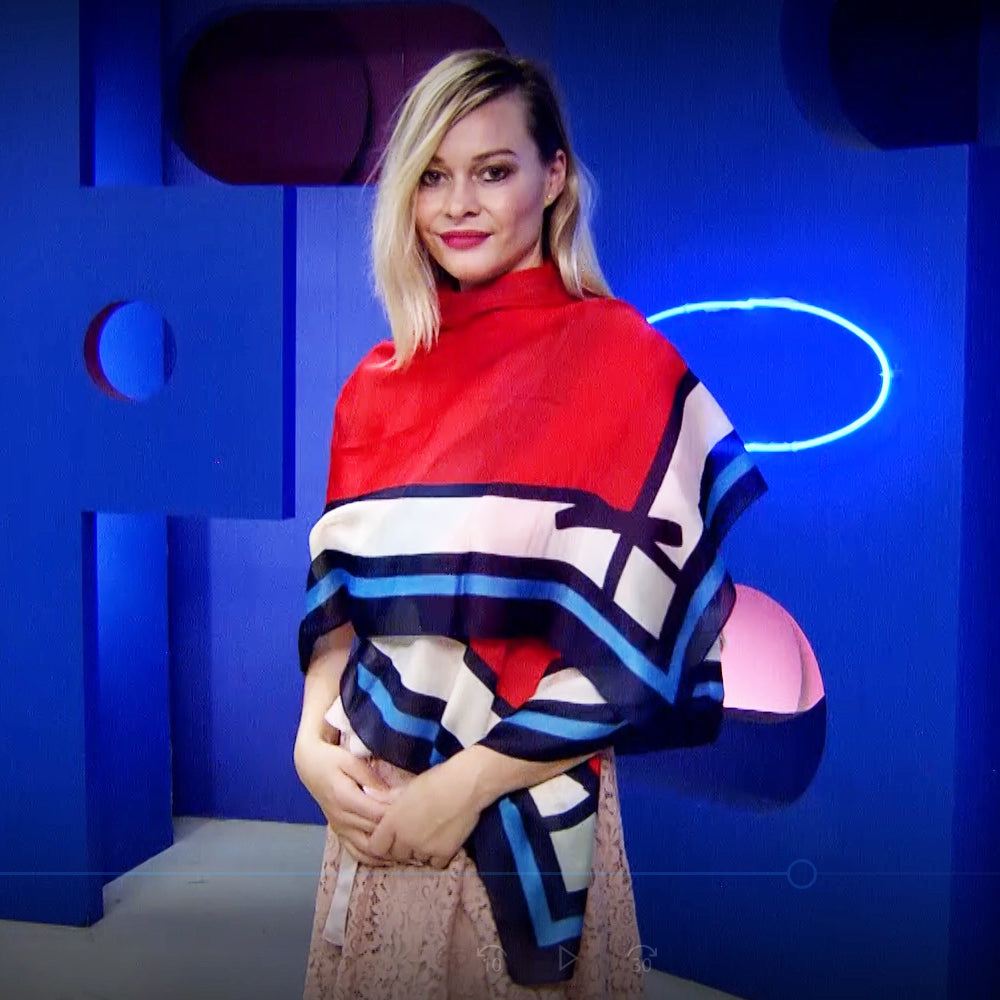 Šála-šátek ze 100% Pravého Hedvábí, 90 cm x 180 cm, Červeno-modro-bílá | -80% Akce na Šperky