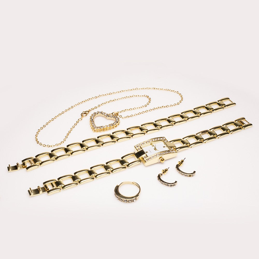 Pozlacená slitina - Sada s Bílým Emporia® Křišťálem ( Náhrdelník+Náušnice+Náramek+Prsten+Přívěsek )