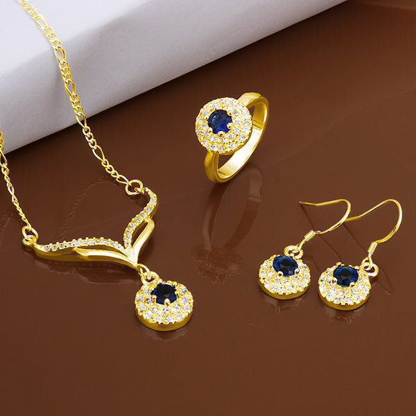 Pozlacená Slitinová Sada s Modrým Emporia® Křišťálem ( Náhrdelník+Náušnice+Prsten )