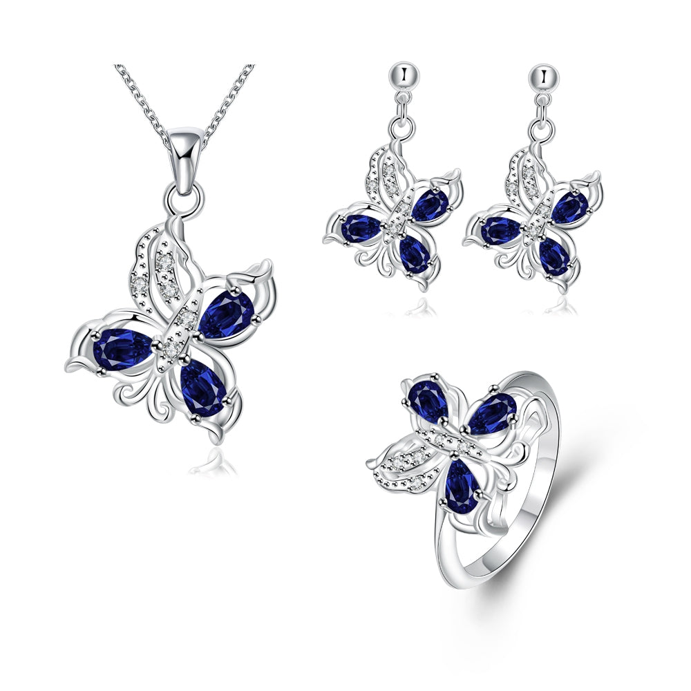 Pozlacená Slitinová Sada s Modrým Emporia® Křišťálem ( Náhrdelník+Náušnice+Prsten )