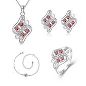 Pozlacená Slitinová Sada s Červeným Emporia® Křišťálem ( Náhrdelník+Náušnice+Náramek+Prsten )