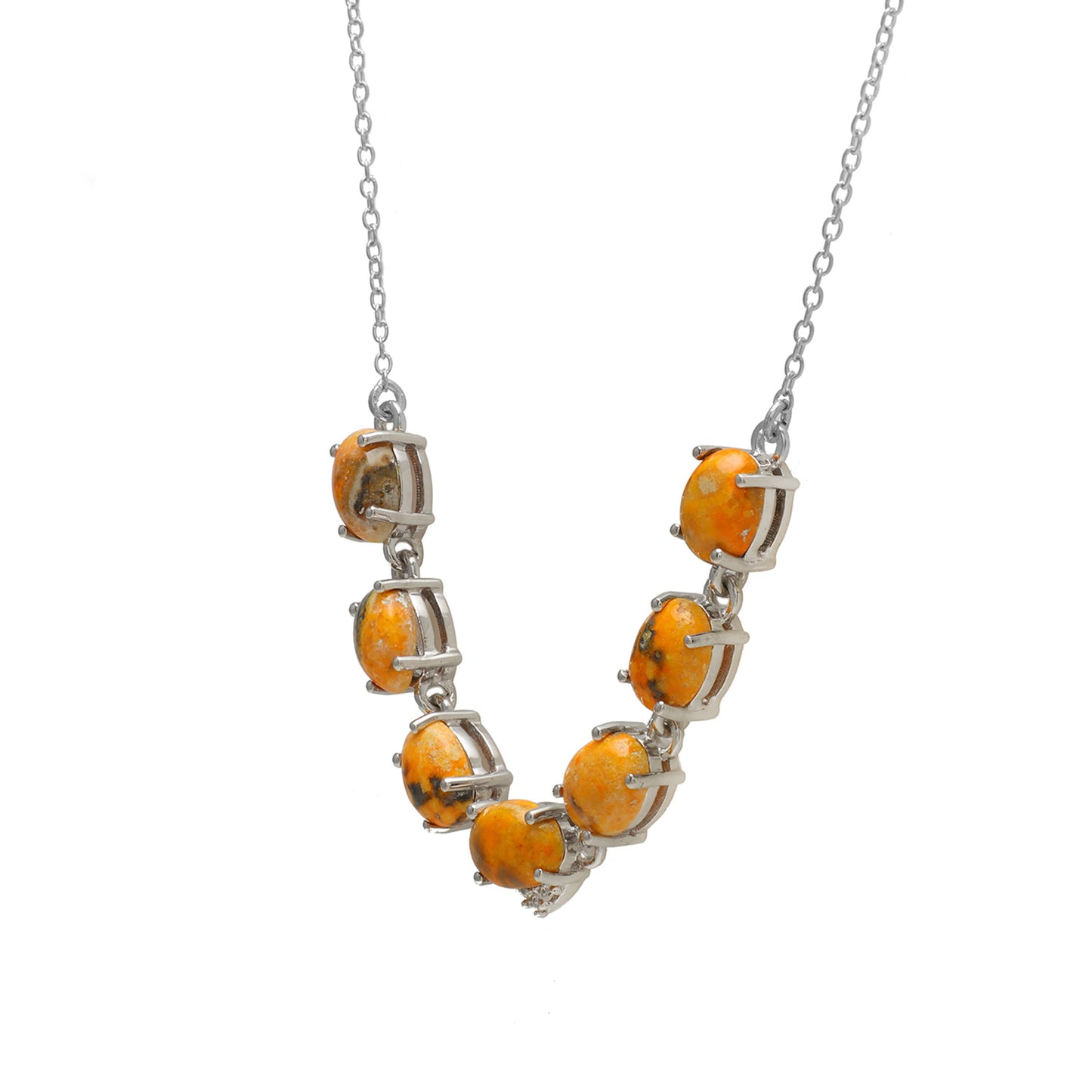 Stříbro 925/1000 - Náhrdelník s Bumble Bee Jaspisem a Přírodním Bílým Zirkonem - Karátové číslo: 5.19. přibližná hmotnost: 4.93 gramů