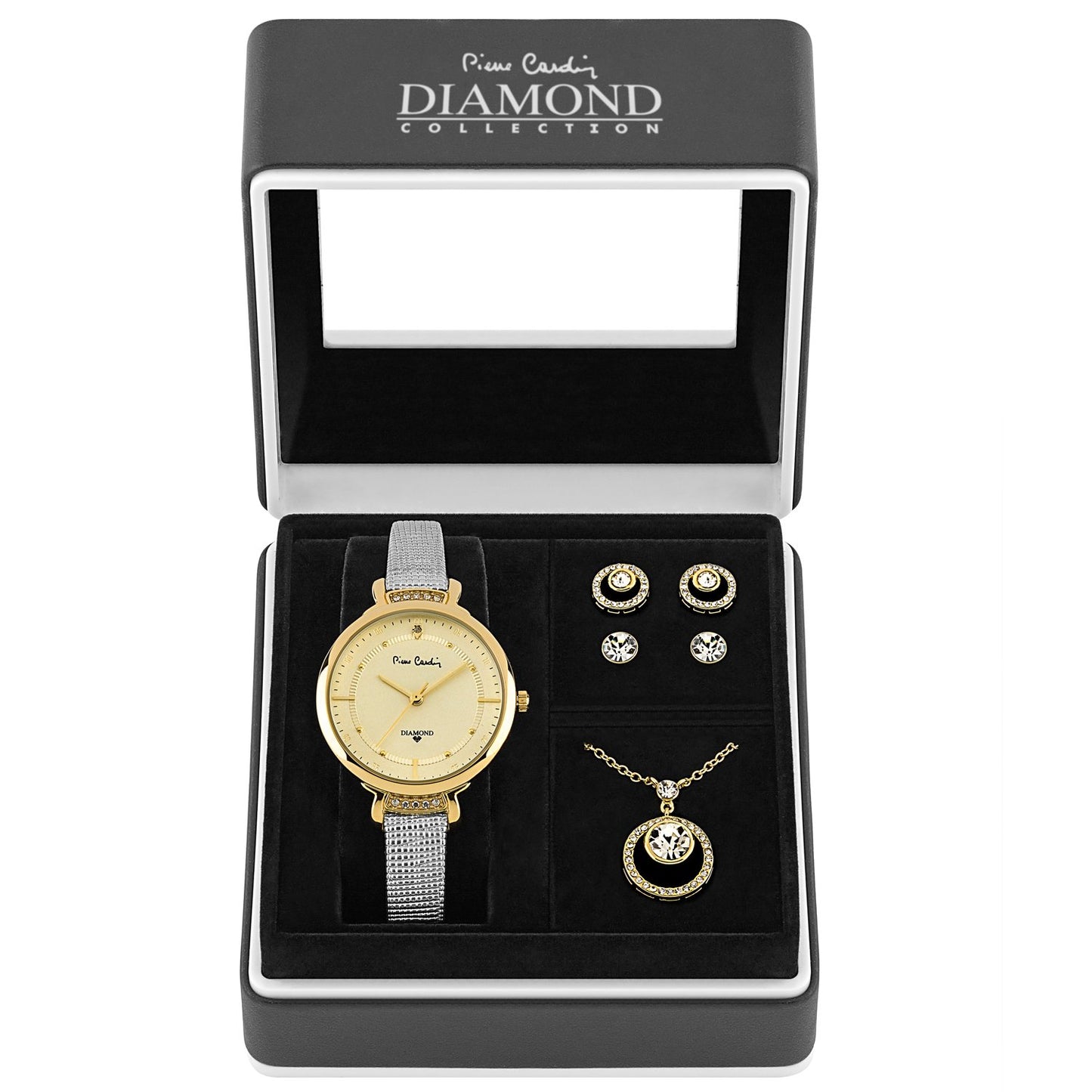 4 dílná sada Pierre Cardin - Hodinky, 2 páry Náušnic a Náhrdelník | -80% Akce na Šperky