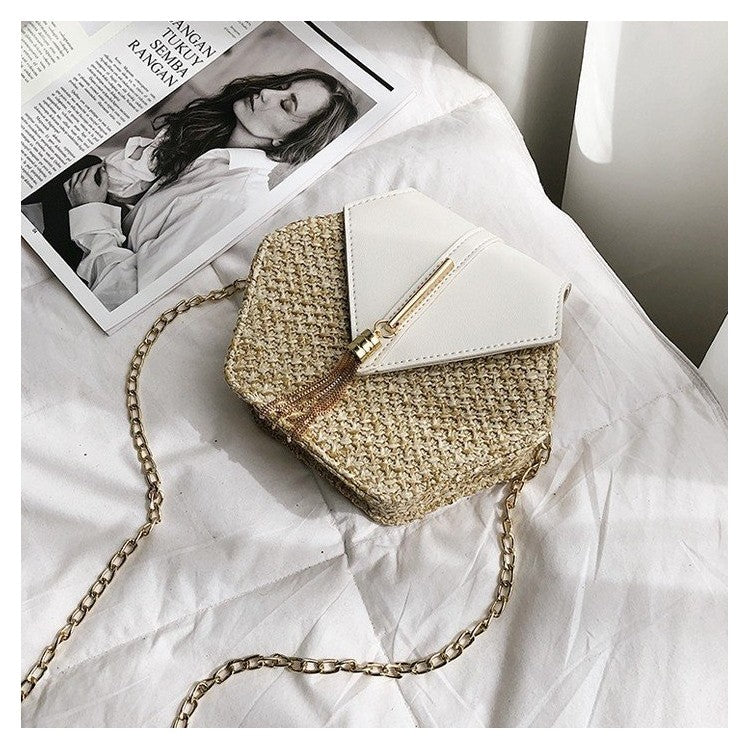 Krásná Pletená Taška s řetězem zlaté barvy, Bílá | -80% Akce na Šperky