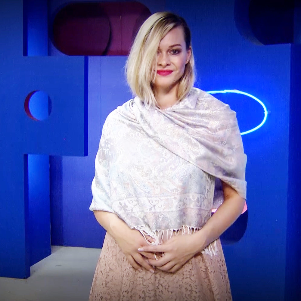 Šála-šátek ze 100% Pravého Pashmina Kašmíru, 70 cm x 180 cm, Lesklá Růžovo-bílá | -80% Akce na Šperky