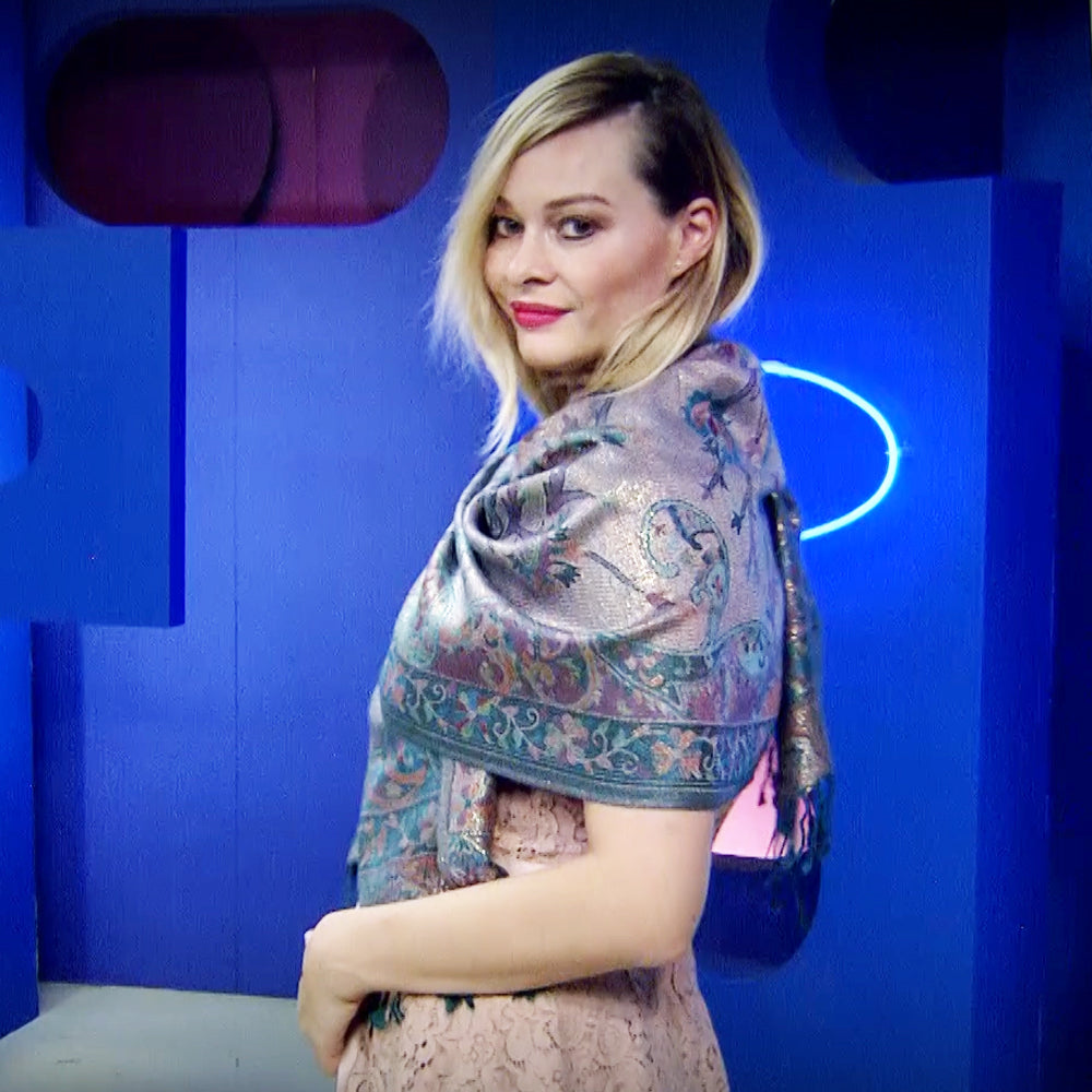 Šála-šátek ze 100% Pravého Pashmina Kašmíru, 70 cm x 180 cm, Lesklý zelenomodrý kašmírový vzor | -80% Akce na Šperky