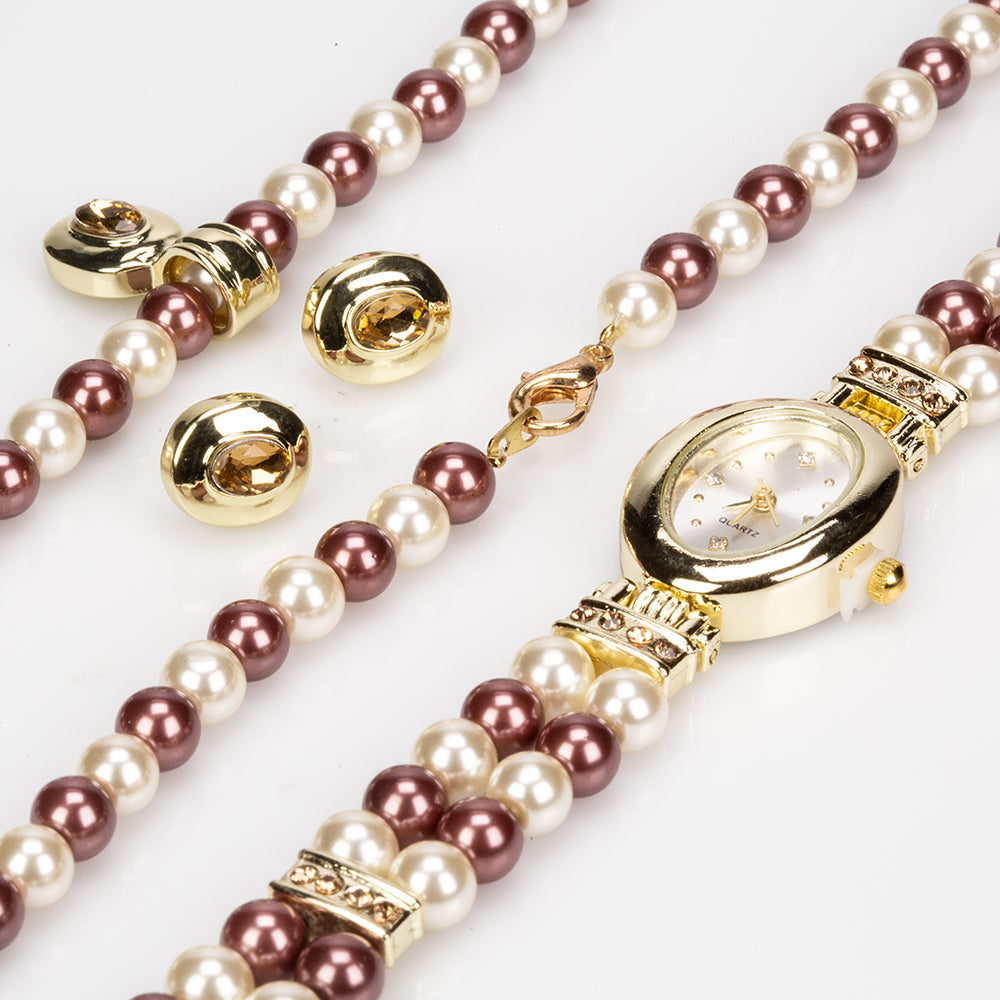 Pozlacená slitina - Sada s Perlou ( Náhrdelník+Náušnice+Přívěsek )