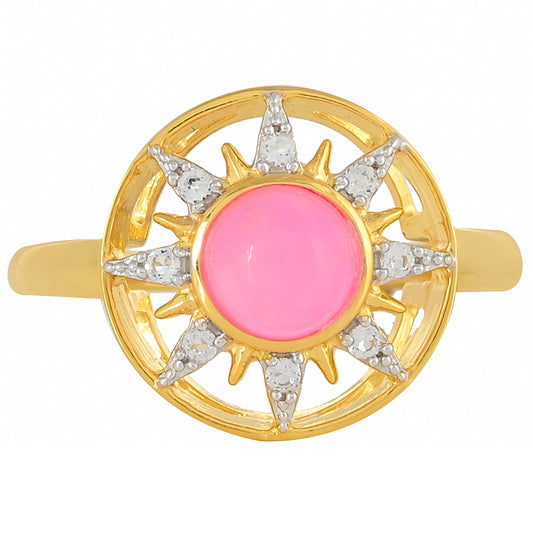 Pozlacené Stříbro 925/1000 - Prsten s Etiopským Neónově Růžovým Opálem a Bílým Topazem - Karátové číslo: 0.71. přibližná hmotnost: 2.84 gramů