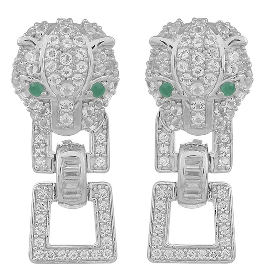 Stříbro 925/1000 - Náušnice s Brazilským Smaragdem a Bílým Topazem - Karátové číslo: 1.82. přibližná hmotnost: 7.77 gramů