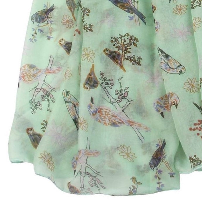 Šála-šátek se vzorem ptáků a květin, mátově zelená, 90 cm x 180 cm | -80% Akce na Šperky
