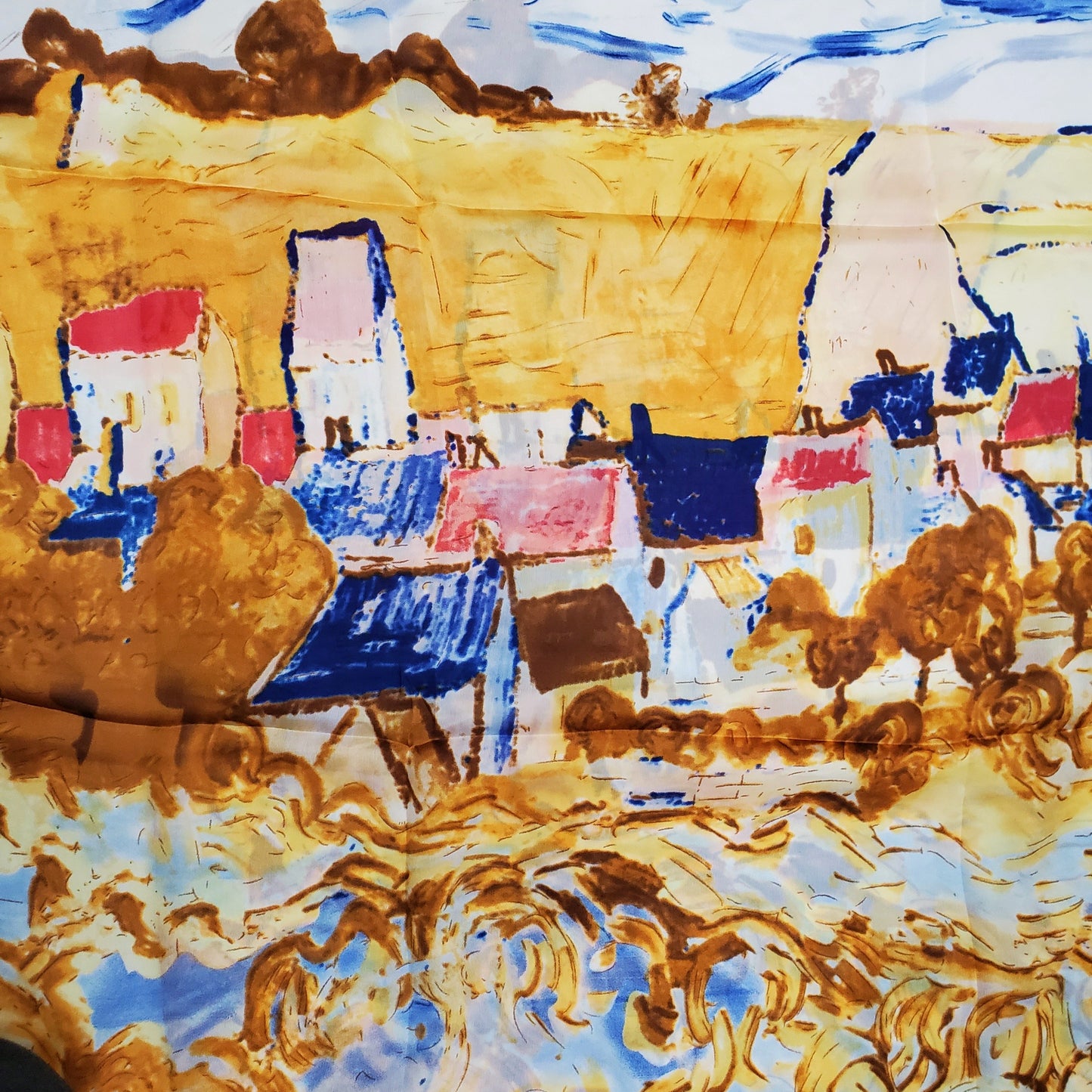 Šála-šátek ze 100% Pravého Hedvábí, 90 cm x 180 cm, Impresionistická vesnice | -80% Akce na Šperky