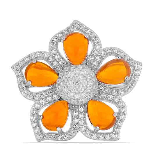 Stříbro 925/1000 - Prsten s Oranžovým Opálem z Lega Dembi a Bílým Topazem - Karátové číslo: 3.61. přibližná hmotnost: 6.79 gramů