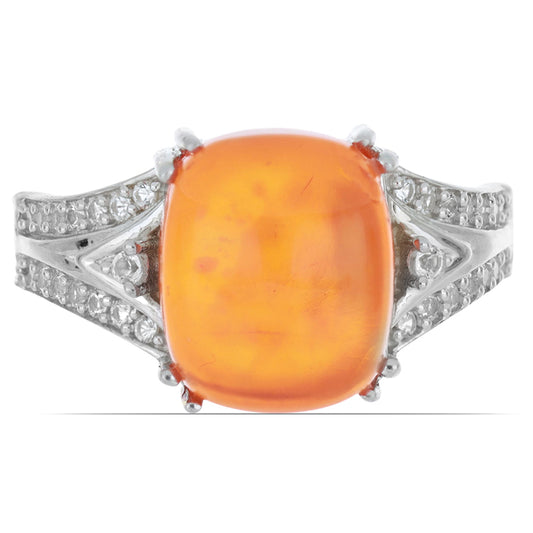 Stříbro 925/1000 Prsten s Oranžovým Opálem z Lega Dembi a Bílým Topazem - Karátové číslo: 3.39. přibližná hmotnost: 3.89 gramů