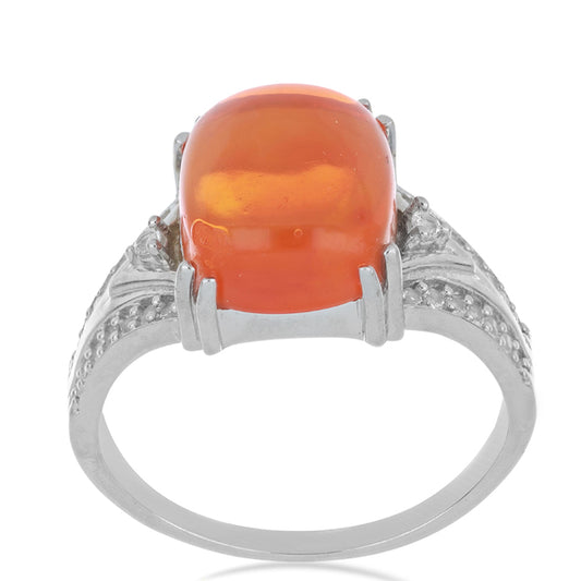 Stříbro 925/1000 Prsten s Oranžovým Opálem z Lega Dembi a Bílým Topazem - Karátové číslo: 3.39. přibližná hmotnost: 3.89 gramů