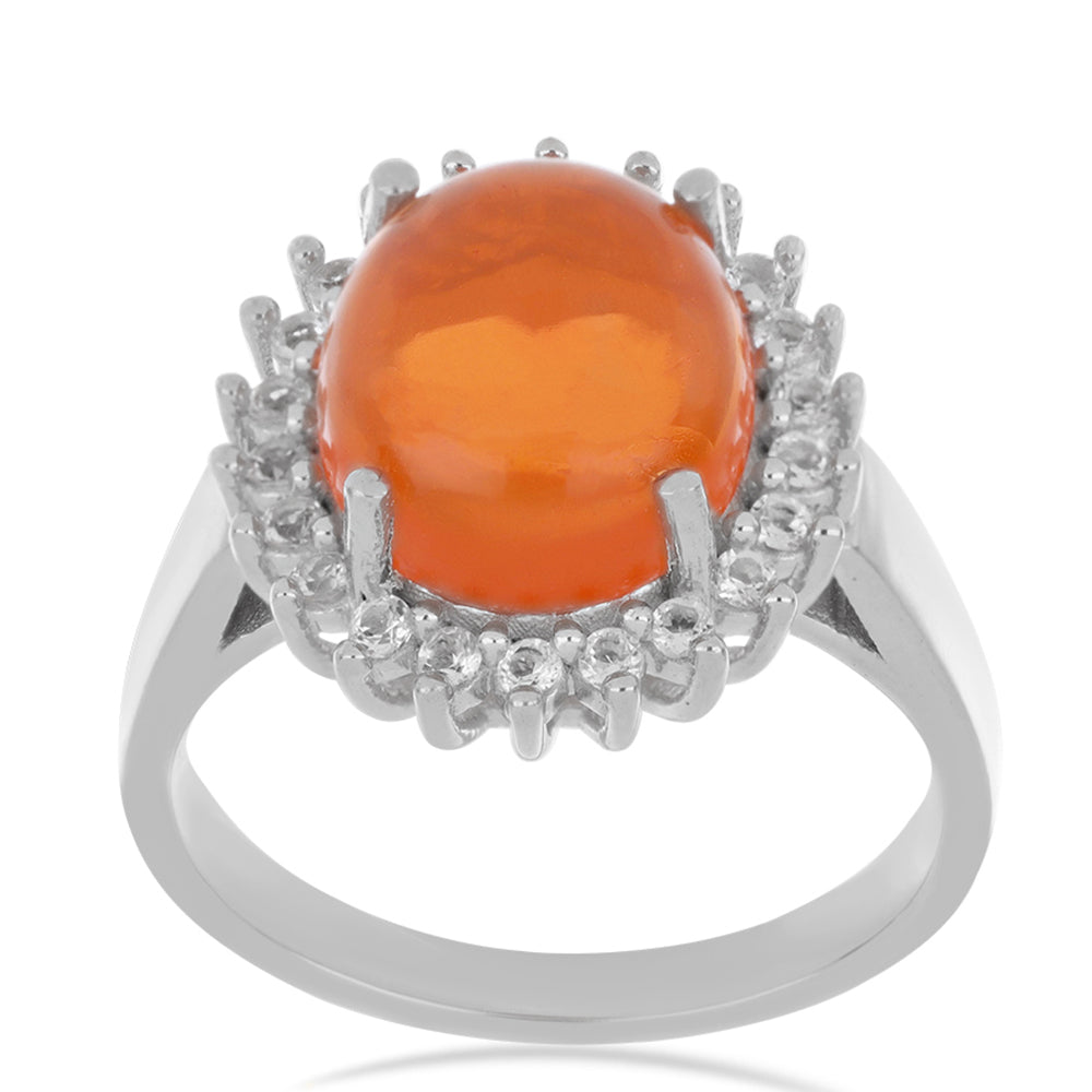 Stříbro 925/1000 - Prsten s Oranžovým Opálem z Lega Dembi a Bílým Topazem - Karátové číslo: 2.86. přibližná hmotnost: 4.64 gramů