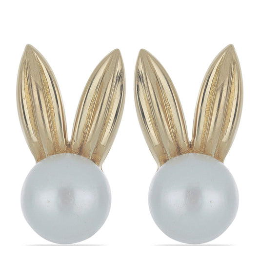 Pozlacené Stříbro 925/1000 - Náušnice s Bílou Sladkovodní Perlou - Karátové číslo: 5.96. přibližná hmotnost: 5.52 gramů