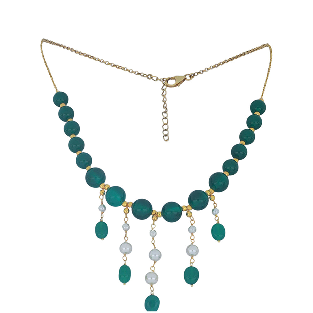 Pozlacené Stříbro 925/1000 - Náhrdelník se Zeleným Achátem a Bílou Sladkovodní Perlou - Karátové číslo: 100.44. přibližná hmotnost: 24.59 gramů