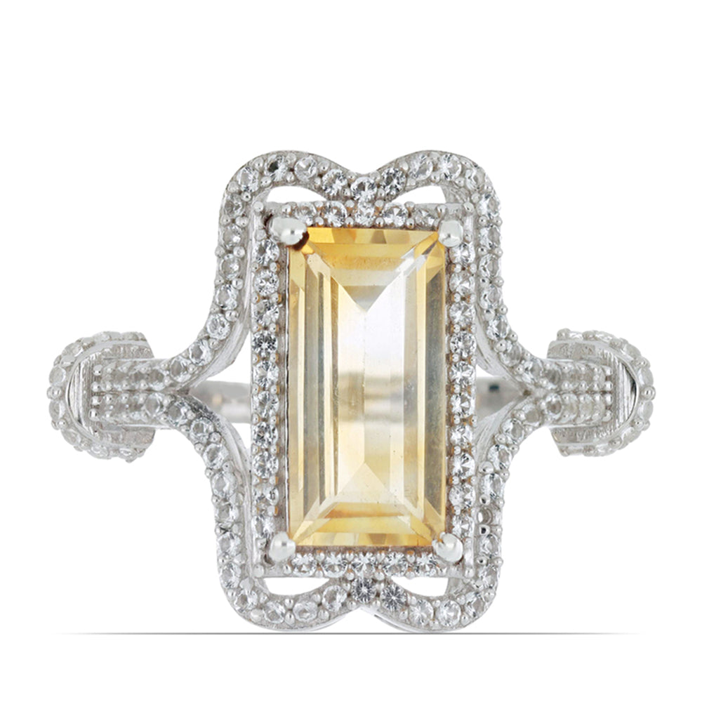 Stříbro 925/1000 - Prsten s Uralským Citrínem a Bílým Topazem - Karátové číslo: 4.83. přibližná hmotnost: 6.62 gramů