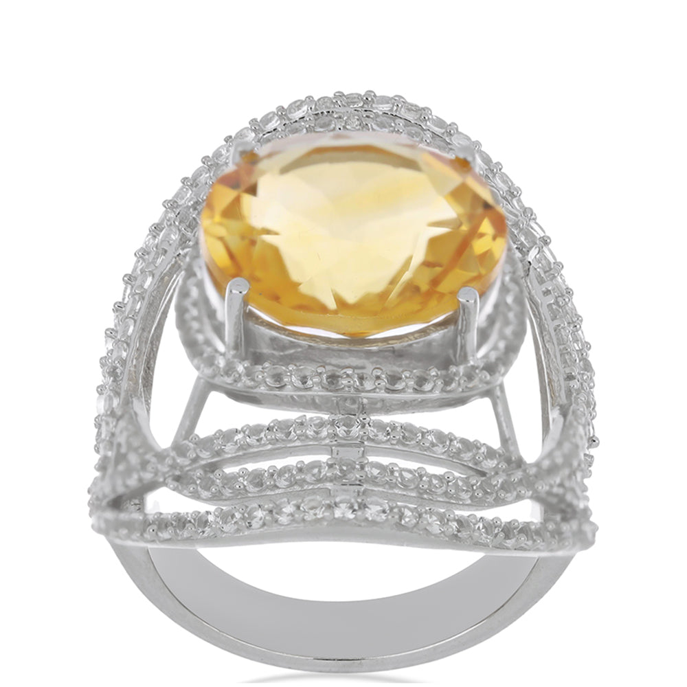 Stříbro 925/1000 - Prsten s Uralským Citrínem a Bílým Topazem - Karátové číslo: 10.26. přibližná hmotnost: 10.32 gramů