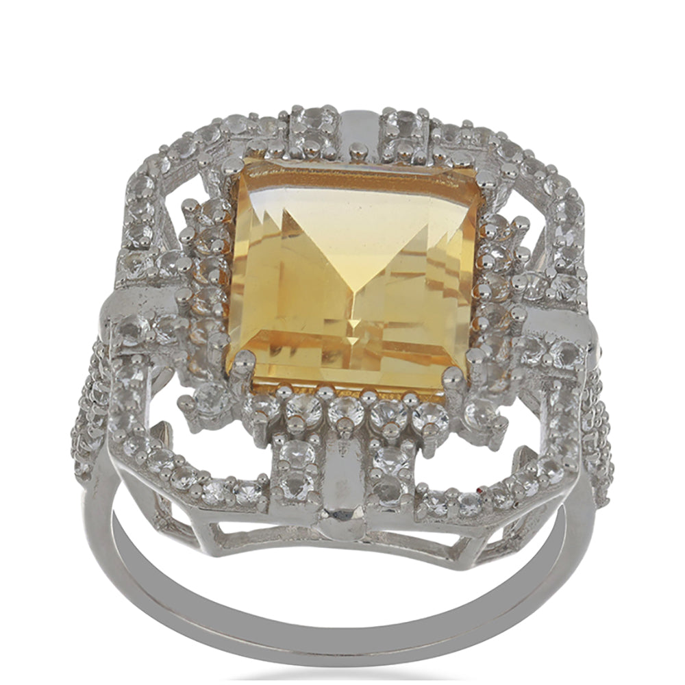 Stříbro 925/1000 - Prsten s Uralským Citrínem a Bílým Topazem - Karátové číslo: 6.93. přibližná hmotnost: 7.21 gramů