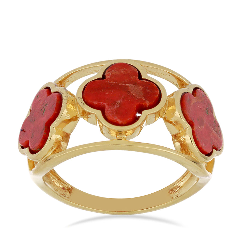 Pozlacené Stříbro 925/1000 - Prsten s Červeným Houbovým Korálem - Karátové číslo: 4.48. přibližná hmotnost: 5.6 gramů