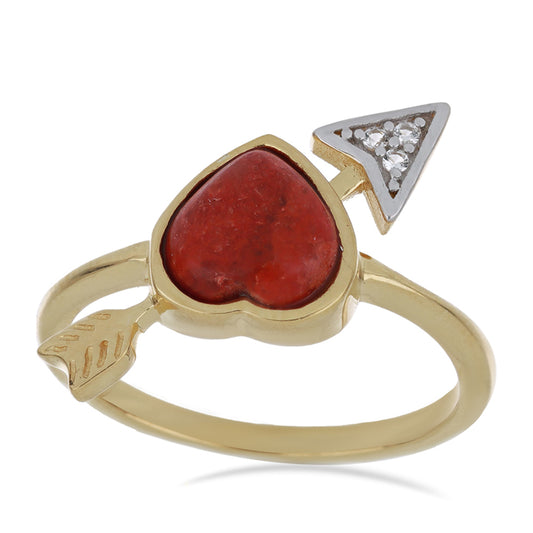 Pozlacený Stříbrný Prsten s Červeným Houbovým Korálem a Bílým Topazem