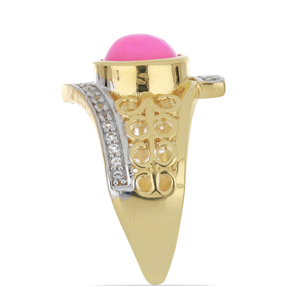 Pozlacené Stříbro 925/1000 - Prsten s Etiopským Růžovým Opálem z Lega Dembi a Bílým Topazem - Karátové číslo: 1.91. přibližná hmotnost: 6.27 gramů