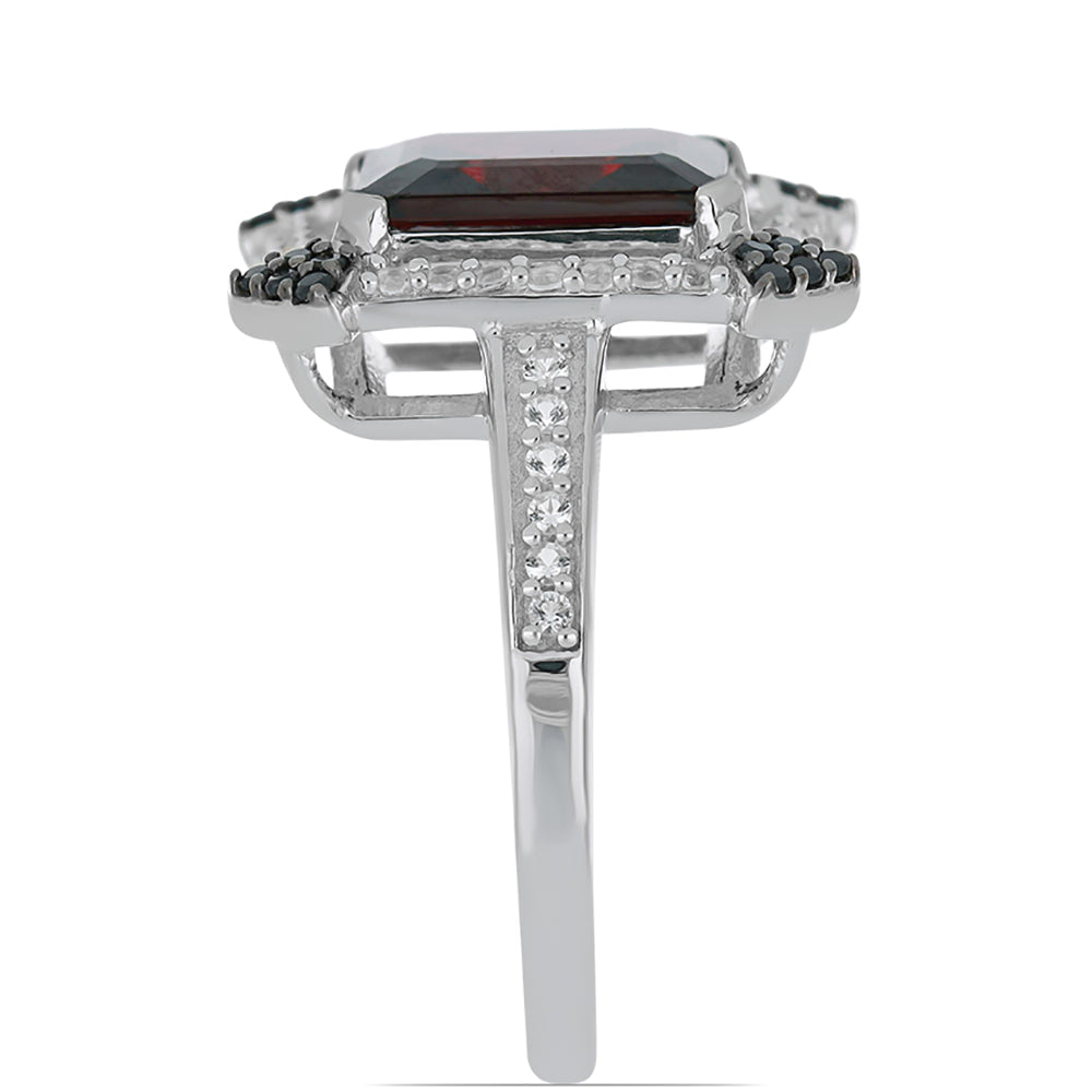 Stříbrný Prsten s Rhodolitovým Granátem z Minas Moatize a Bílým Topazem
