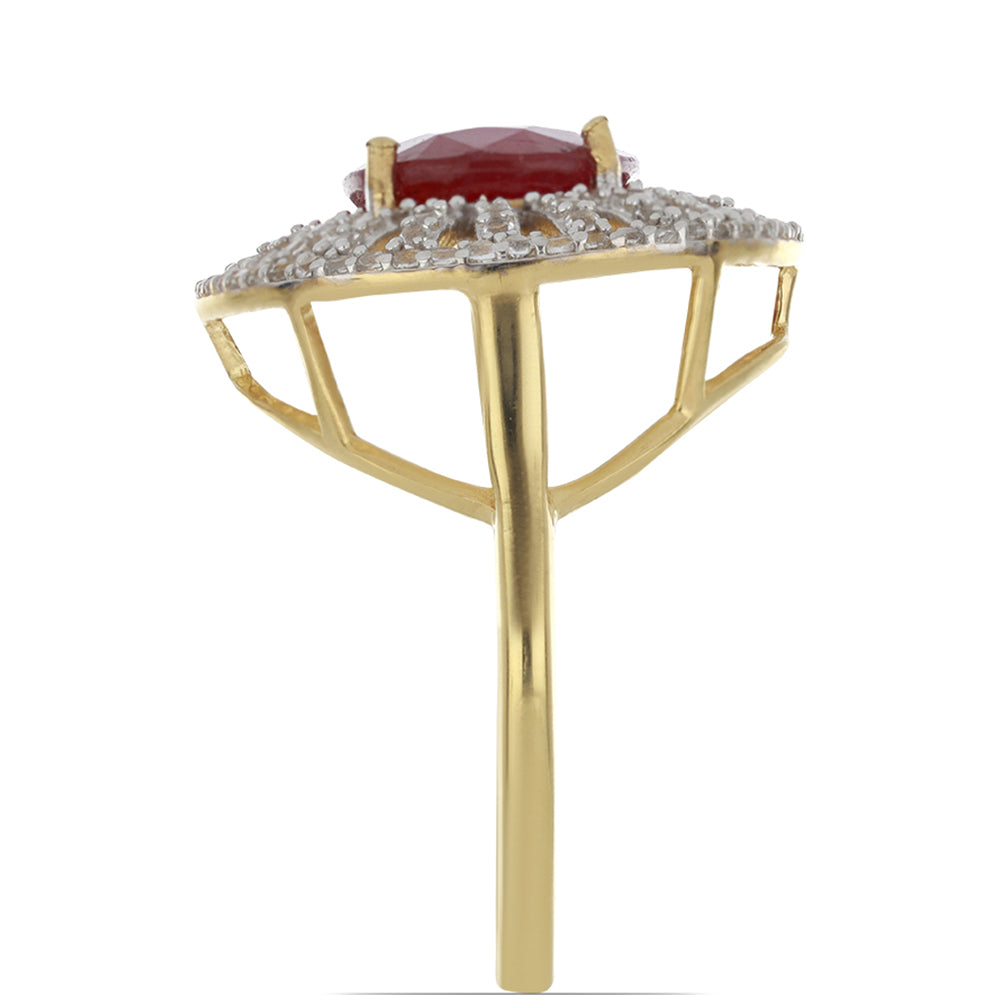 Pozlacené Stříbro 925/1000 - Prsten s Madagaskarským Rubínem a Bílým Topazem - Karátové číslo: 7.46. přibližná hmotnost: 5.68 gramů