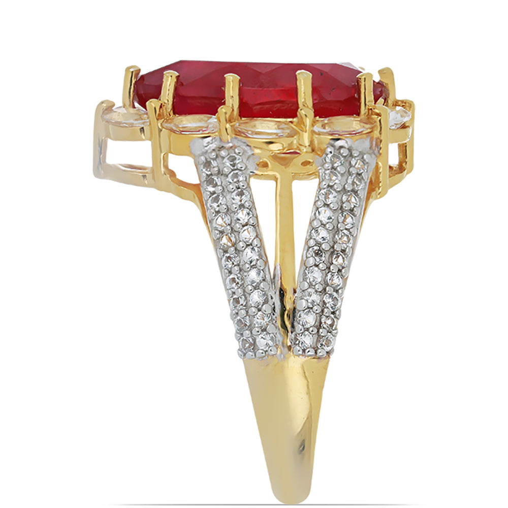 Pozlacené Stříbro 925/1000 - Prsten s Madagaskarským Rubínem a Bílým Topazem - Karátové číslo: 7.41. přibližná hmotnost: 6.17 gramů