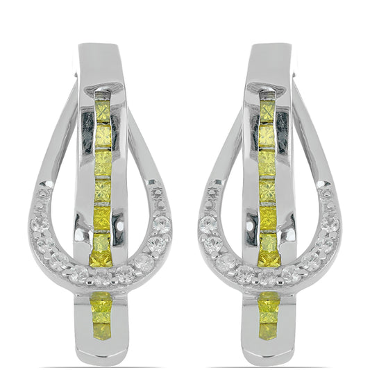 Stříbro 925/1000 - Náušnice se Žlutým Diamantem a Bílým Zirkonem - Karátové číslo: 0.46. přibližná hmotnost: 2.78 gramů