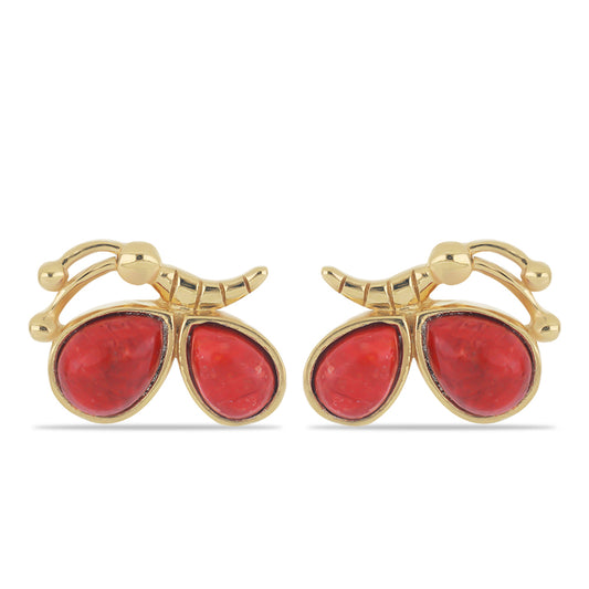 Pozlacené Stříbro 925/1000 - Náušnice s Červeným Houbovým Korálem - Karátové číslo: 3.51. přibližná hmotnost: 5.21 gramů