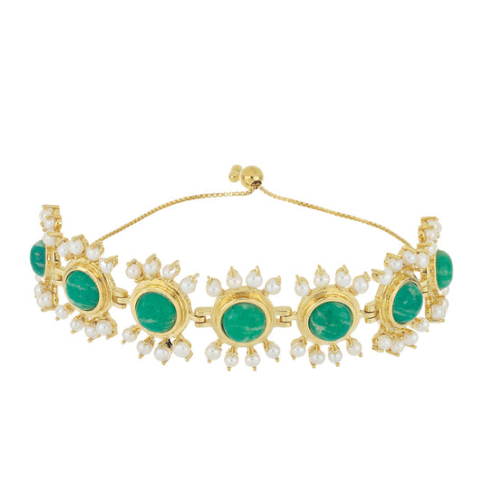 Pozlacené stříbro 925/1000 Náramek s Amazonitem a Bílou Sladkovodní Perlou - Karátové číslo: 20.88. přibližná hmotnost: 22.81 gramů