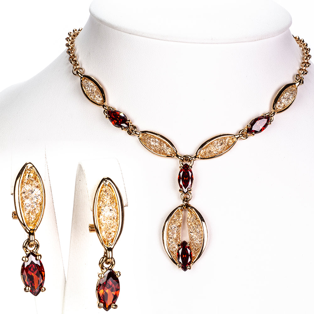 Pozlacená Slitinová Sada s Červeným Emporia® Křišťálem ( Náhrdelník+Náušnice ) 1 