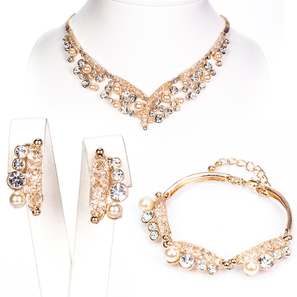 Pozlacená Slitinová Sada s Bílým Emporia® Křišťálem ( Náhrdelník+Náušnice+Náramek ) 1 