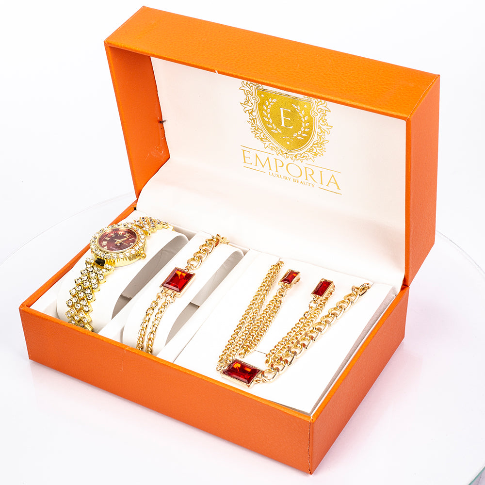 Pozlacený Slitinový Hodinky s Červeným Emporia® Křišťálem a Bílým Emporia® Křišťálem ( Náhrdelník+Náušnice+Náramek ) 1 