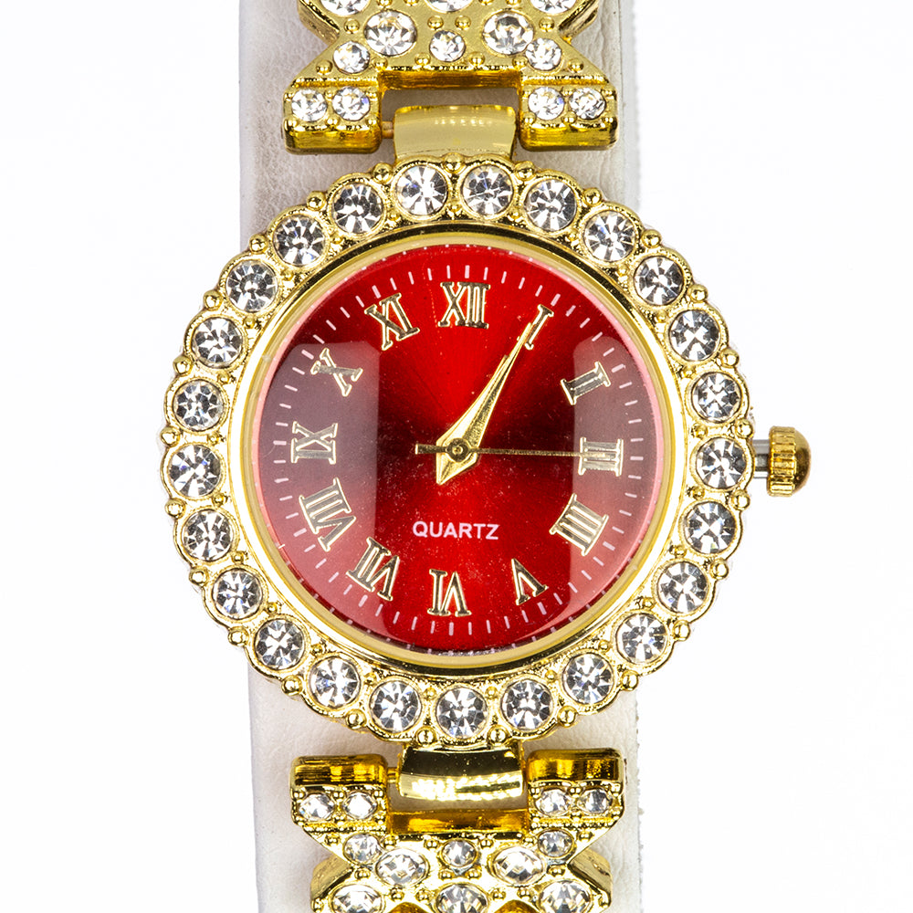 Pozlacený Slitinový Hodinky s Červeným Emporia® Křišťálem a Bílým Emporia® Křišťálem ( Náhrdelník+Náušnice+Náramek )