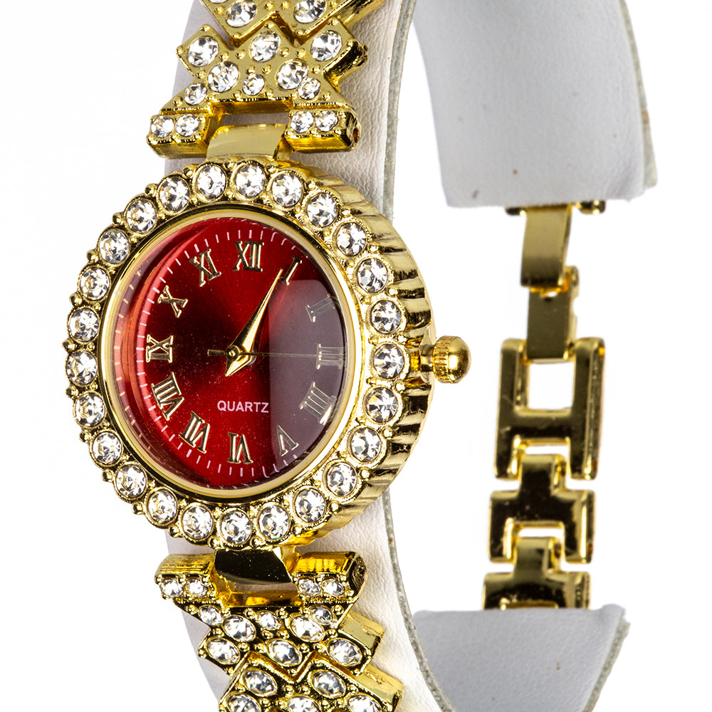 Pozlacený Slitinový Hodinky s Červeným Emporia® Křišťálem a Bílým Emporia® Křišťálem ( Náhrdelník+Náušnice+Náramek )