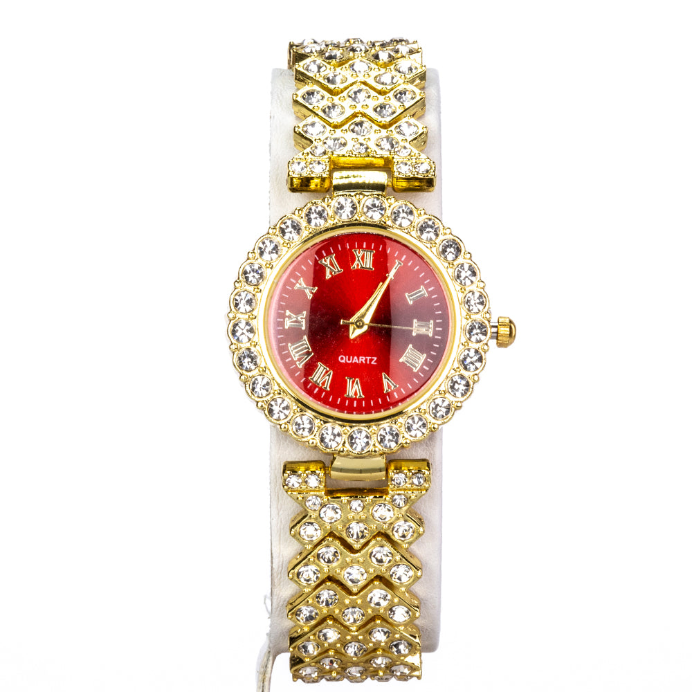 Pozlacený Slitinový Hodinky s Červeným Emporia® Křišťálem a Bílým Emporia® Křišťálem ( Náhrdelník+Náušnice+Náramek )