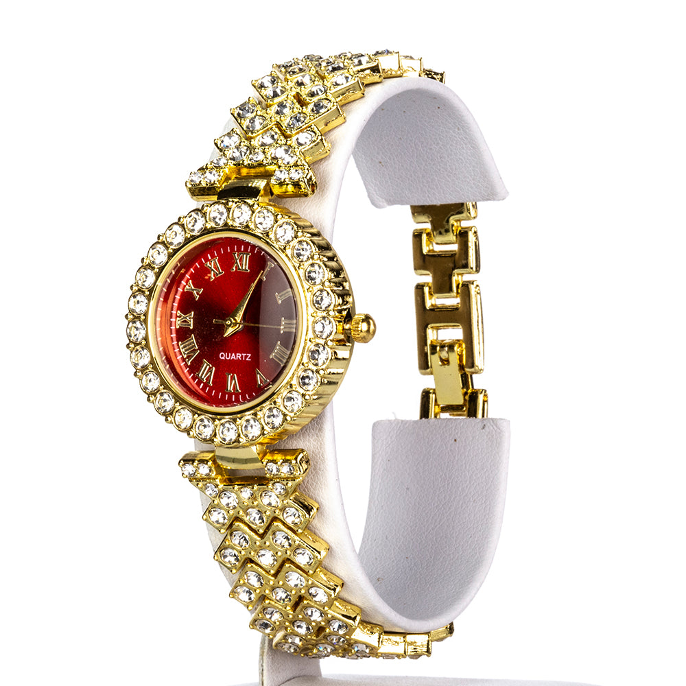 Pozlacený Slitinový Hodinky s Červeným Emporia® Křišťálem a Bílým Emporia® Křišťálem ( Náhrdelník+Náušnice+Náramek )