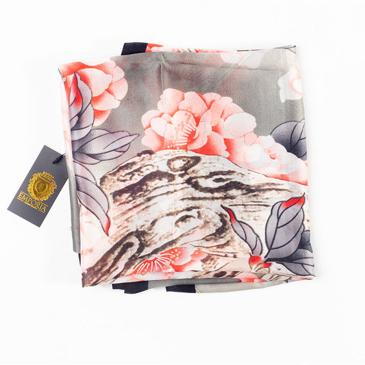 Závoj květů, šála, 85 x 180 cm, Šedá, 100% veganské hedvábí